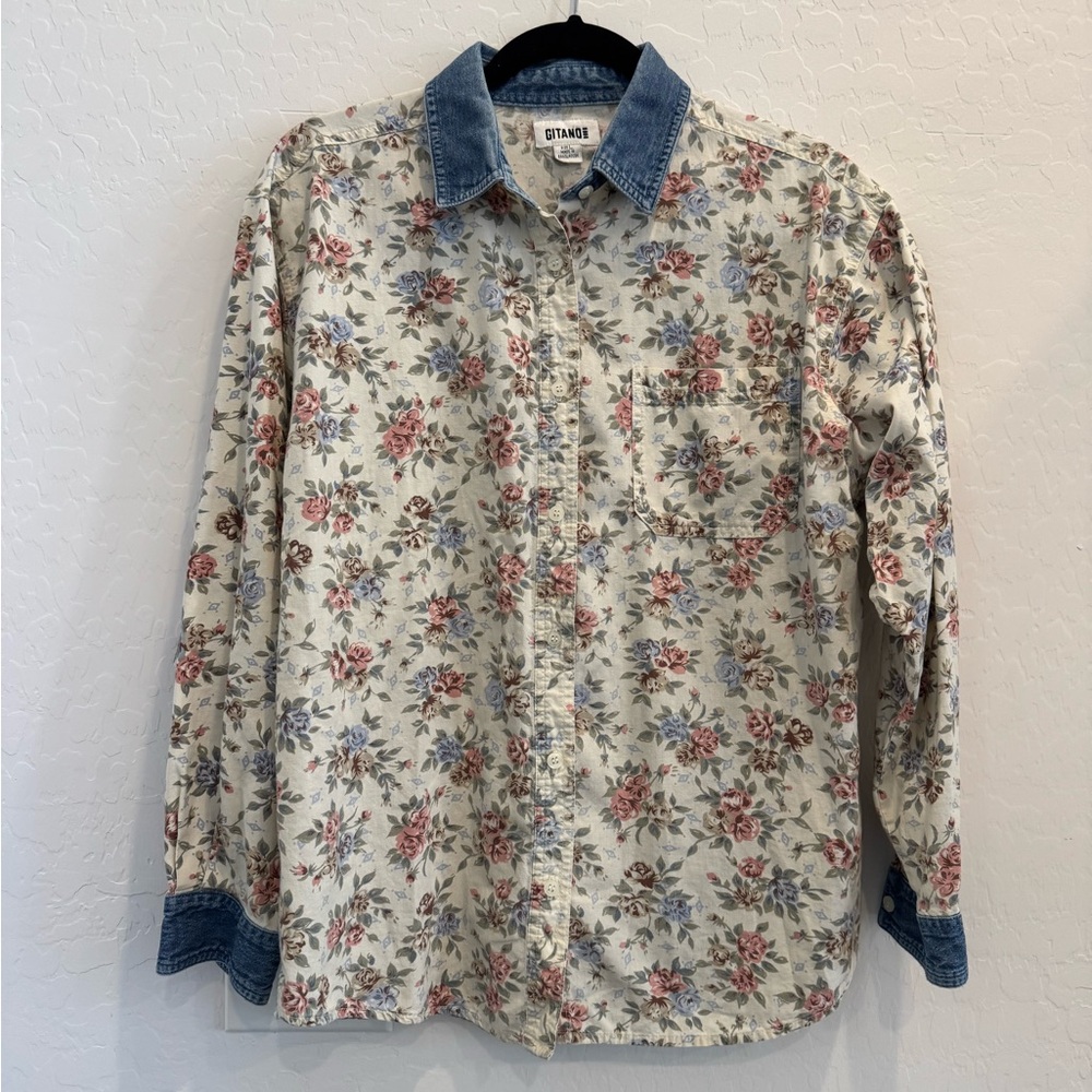 Gitano Floral Button Down Shirt - Cream and Blue